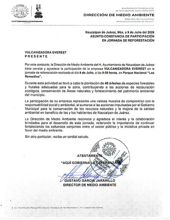 Carta de agradecimiento del Ayuntamiento de Naucalpan a Grupo Everest
